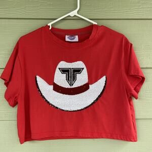 Sparkle City Red Sequin Cowboy Hat Texas Tech Crop Top Tshirt‎ Tee Womens Large